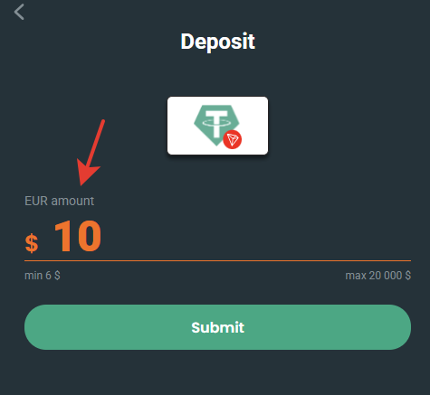 Сверху написано EUR amount, а в поле ввода стоит знак $