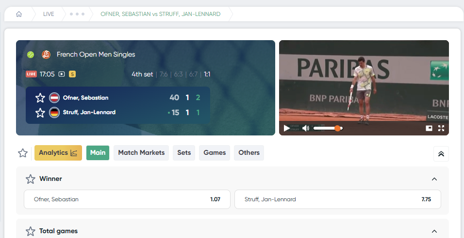 Трансляция матча Roland Garros.