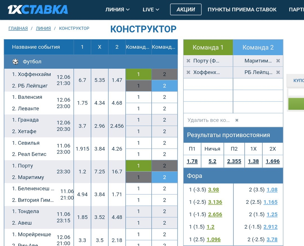 Конструктор 1хСтавка, рынки ставок