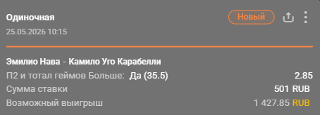Нава – Уго Карабелли: победа Уго Карабелли + тотал больше (35.5) / Для конкурса «Ставкомат»