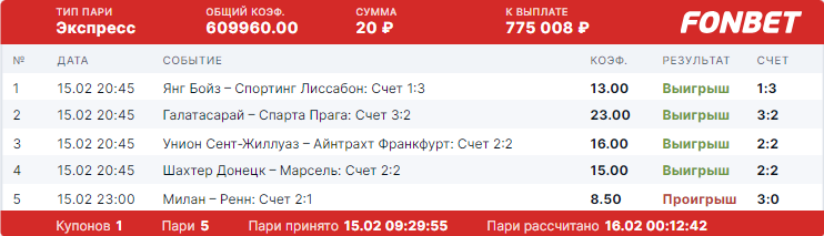 Экспресс игрока БК «Фонбет»