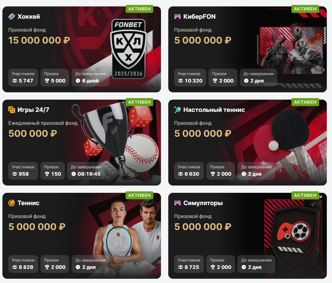 Страница с действующими турнирами на сайте БК «Фонбет»