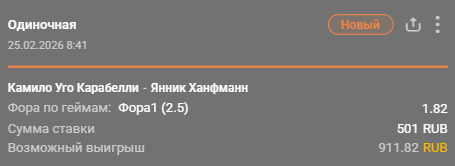 Уго Карабелли – Ханфманн: победа Уго Карабелли с форой (+2.5) гейма / Для конкурса «Ставкомат»