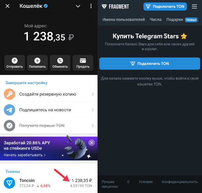 Кошелёк с TON необходимо подключить к счёту на платформе Fragment для оплаты