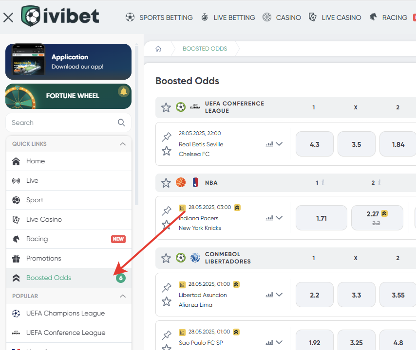 Раздел Boosted Odds в Ivibet