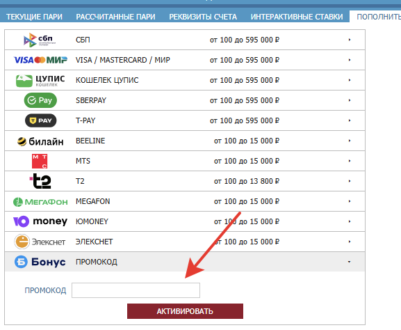 Ввод промокода в ПК-версии сайта «Бетсити»