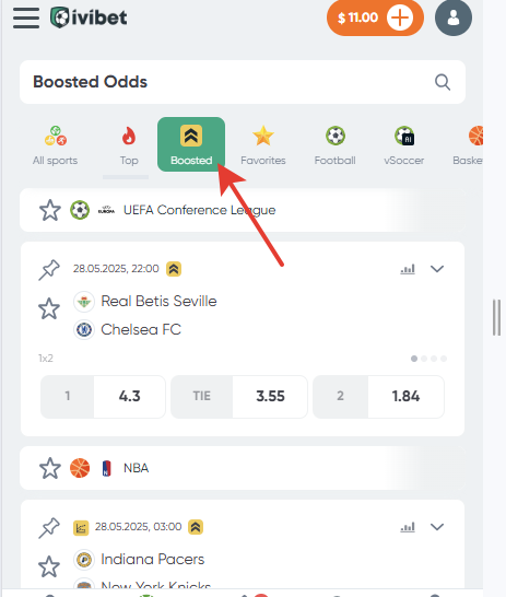 Фильтр по матчам с повышенными кэфами в Ivibet