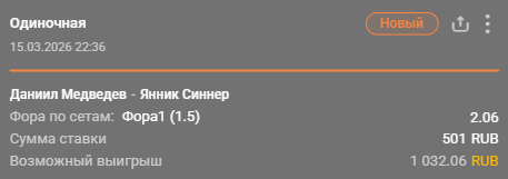 Медведев – Синнер: победа Медведева с форой (+1.5) сета / Для конкурса «Ставкомат»
