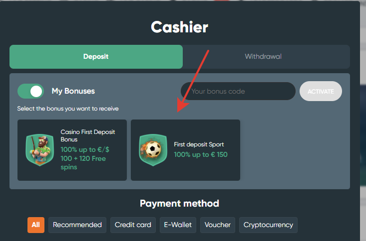 Можно выбрать бонус при депозите в Ivibet