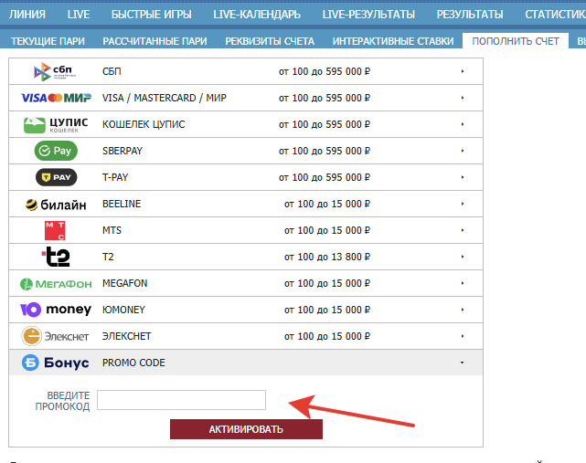 Ввод промокода из раздела «Пополнить счет»