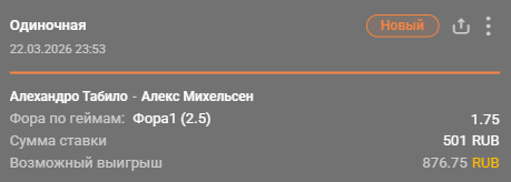 Табило – Микельсен: победа Табило с форой (+2.5) гейма / Для конкурса «Ставкомат»